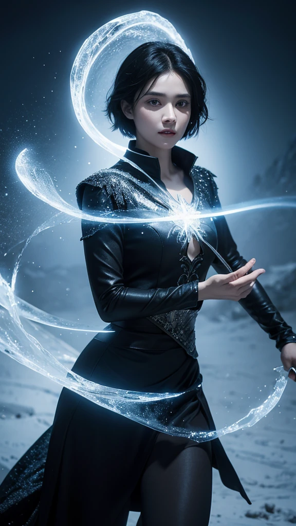 short black haired mystical looking woman casting magic in a battle in a frozen wasteland