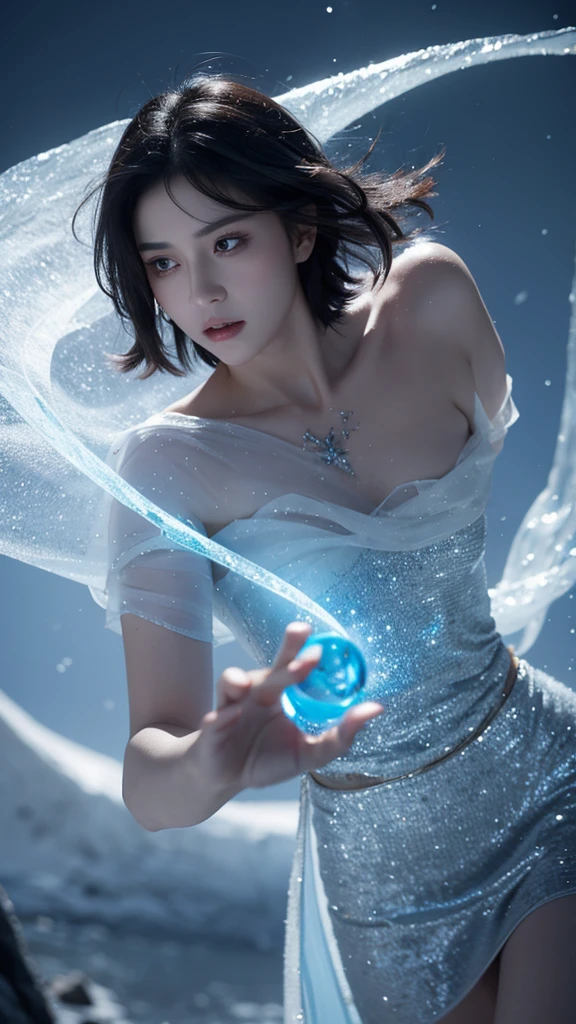 short black haired mystical looking woman casting magic in a battle in a frozen wasteland