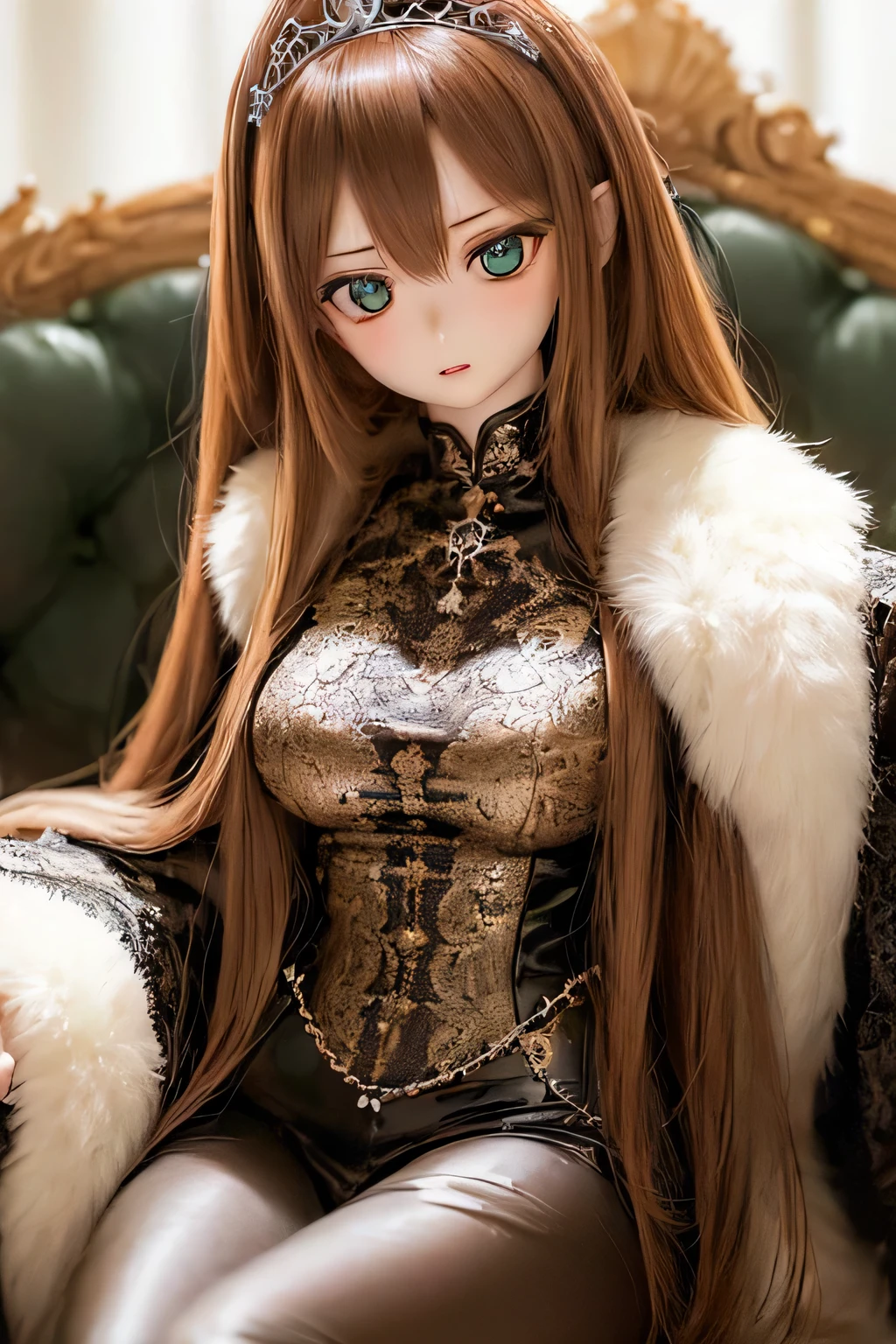 (SFW:2), photorealistic, realistic photo, ((highest quality)), ((masterpiece)), (extremely detailed), kukolnydom, doll, (mature woman:1.6), solo, ((eye level shot, sitting on sofa, reclining on sofa, skinny, slender, slim, brown hair, parted lips)), detailed face, green eyes, (looking above:1.3), (eyes out of focus, emotionless eyes, blank stare, empty eyes, detailed eyes, detailed face), princess dress, tiara, castle, 8k