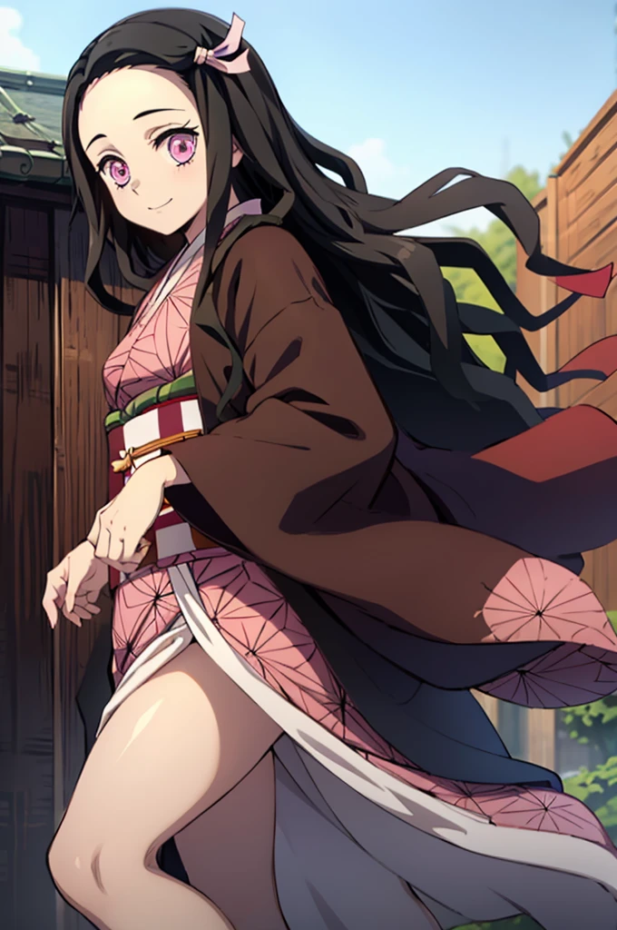 (masterpiece:1.3), (best quality:1.1), (8k, ultra detailed, ultra high res:1.2), ((anime style)), perfect 5 fingers, perfect anatomy, 
1girl,
Kamado Nezuko, 
BREAK long hair, wavy hair,  forehead
black hair, 
pink eyes, 
ribbon, 
small breasts,  
BREAK japanese clothes, pink kimono, brown haori, obi, 
smile, 
looking at viewer, 
cowboy shot, 
BREAK outdoor, age of Edo, (background of fantasy:1.5), 