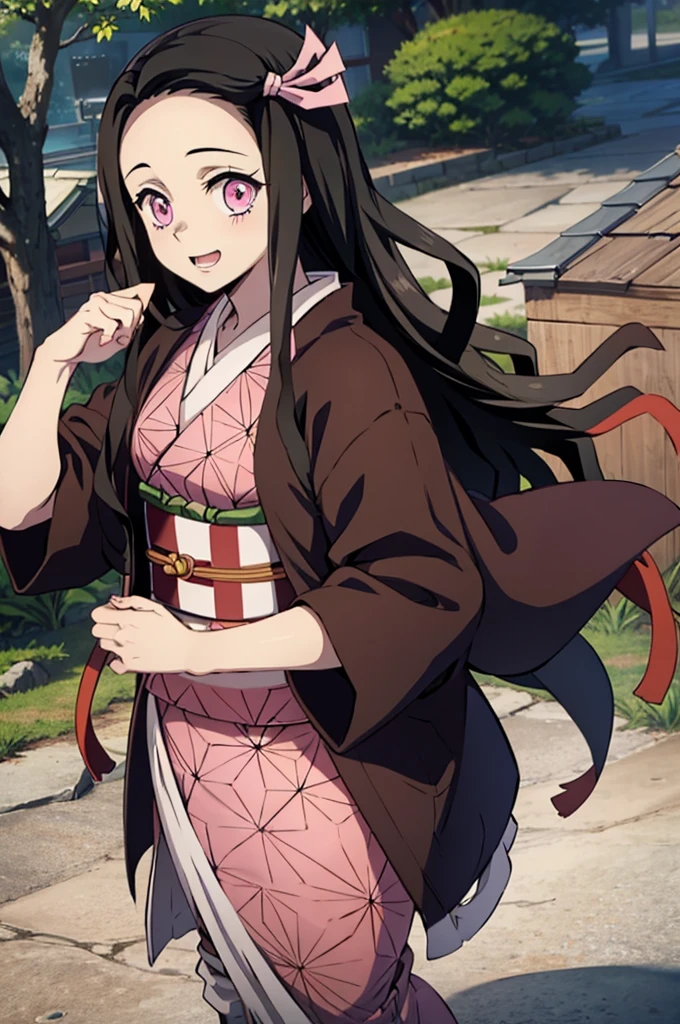 (masterpiece:1.3), (best quality:1.1), (8k, ultra detailed, ultra high res:1.2), ((anime style)), perfect 5 fingers, perfect anatomy,
1girl,
Kamado Nezuko,
BREAK long hair, wavy hair, forehead
black hair,
pink eyes,
ribbon,
small breasts,
BREAK japanese clothes, pink kimono, brown haori, obi,
smile,
looking at viewer,
cowboy shot,
BREAK outdoor, age of Edo, (background of fantasy:1.5),