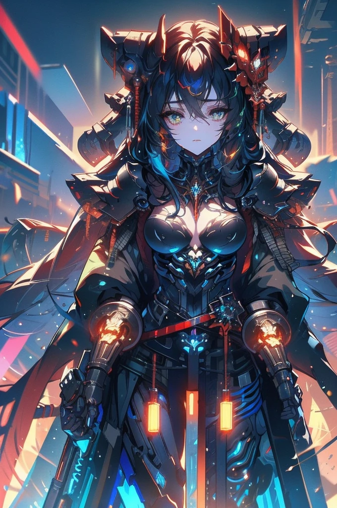 In the grimy depths of a cyberpunk cityscape, a hulking cyborg girl composed of mismatched metal parts looms ominously. This digital painting captures the essence of a post-apocalyptic world where technology runs amok. With a backdrop of neon-lit skyscrapers and flickering holograms, the cybernetic monstrosity sparkles with intricate circuitry and glowing LED lights. Its mechanical limbs are twisted and rusted, yet exude a twisted beauty that mesmerizes the viewer. The image is rendered with astonishing detail and depth, immersing the audience in a hauntingly captivating vision of a twisted future.