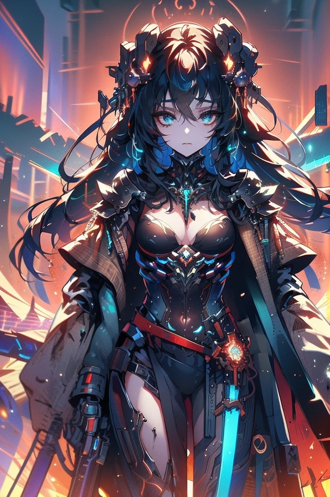 In the grimy depths of a cyberpunk cityscape, a hulking cyborg girl composed of mismatched metal parts looms ominously. This digital painting captures the essence of a post-apocalyptic world where technology runs amok. With a backdrop of neon-lit skyscrapers and flickering holograms, the cybernetic monstrosity sparkles with intricate circuitry and glowing LED lights. Its mechanical limbs are twisted and rusted, yet exude a twisted beauty that mesmerizes the viewer. The image is rendered with astonishing detail and depth, immersing the audience in a hauntingly captivating vision of a twisted future.