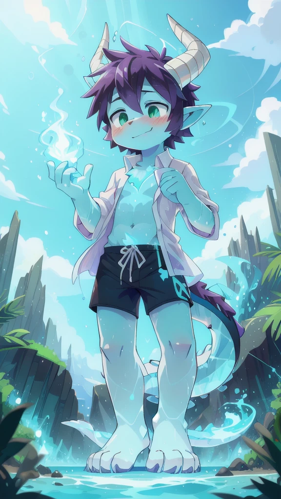 score_9,score_8_up,score_7_up, source_cartoon, source_furry, dragon boy, horns, green eyes, tail, purple hair, shota, , furry, blush, dragon tail, looking at viewer, smile, 1boy, dragon horns, pointy ears, , short hair, furry male, two tone body fur, blue body fur, clear blue body fur, ((white hawaiian shirt, open clothes, black swim trunks)), beach, clear sky, standing, low angle, straddle view, hand palm with magic blue fire, magic effect, magic particles, ice magic, full body, feets with three toes, 3 toes, water creation,