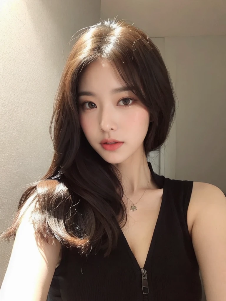 (lifelike, high resolution:1.3), 1 girl with a perfect figure, The face shape and eyes are super beautiful,Long hair, Random color vest:1.2, Short jeans, Big ,Showing cleavage