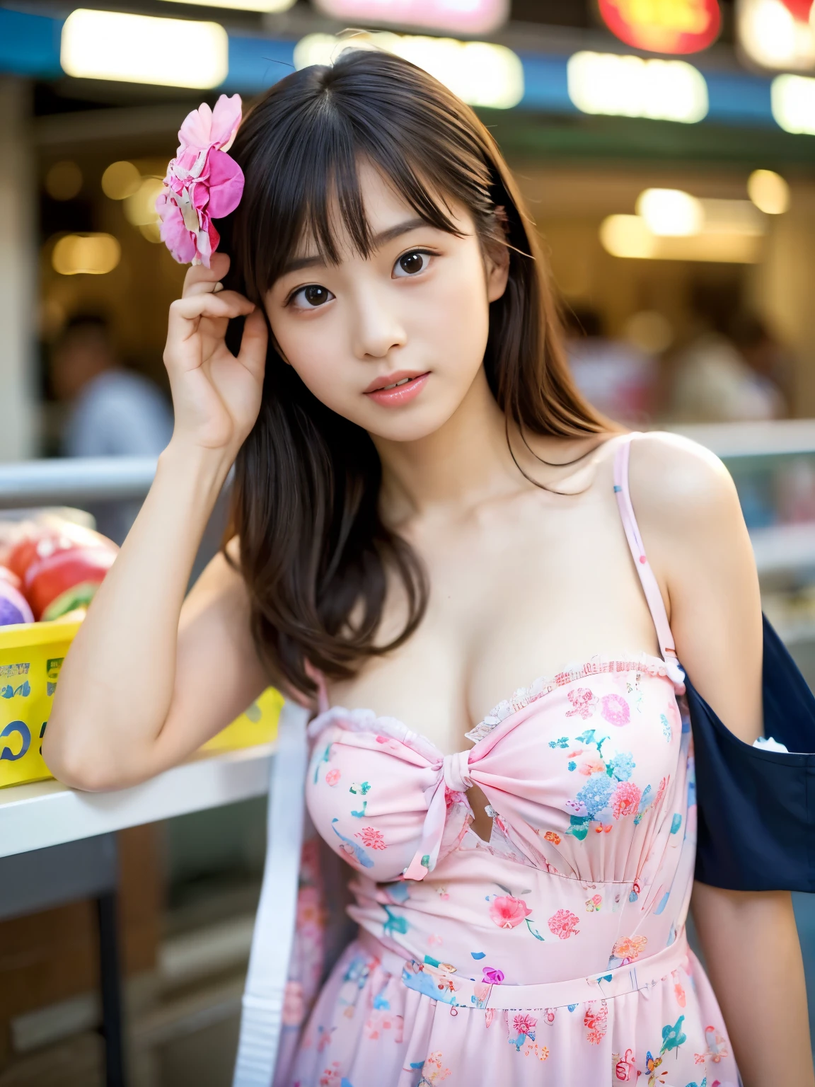 (Best-quality, Masterpiece, Ultra-High-Resolution, (Photorealistic:2.1), Raw Photo, depth of field, professional lighting, perfect anatomy, extremely details), 1girl, -yeld, thost famous Japanese idol, (extremely cute face like the most popular Japanese idol, ((extremely cute and extremely big eyes)), extremely beautiful hair, extremely beautiful skins), extremely cute long-eyelashes, extremely cute lips,
(shopping at the most famous Japanese-supermarket),
((wearing summer-clothes with cute-design)),
(feeling unusually sexually aroused, want to have sex right now):1.6)