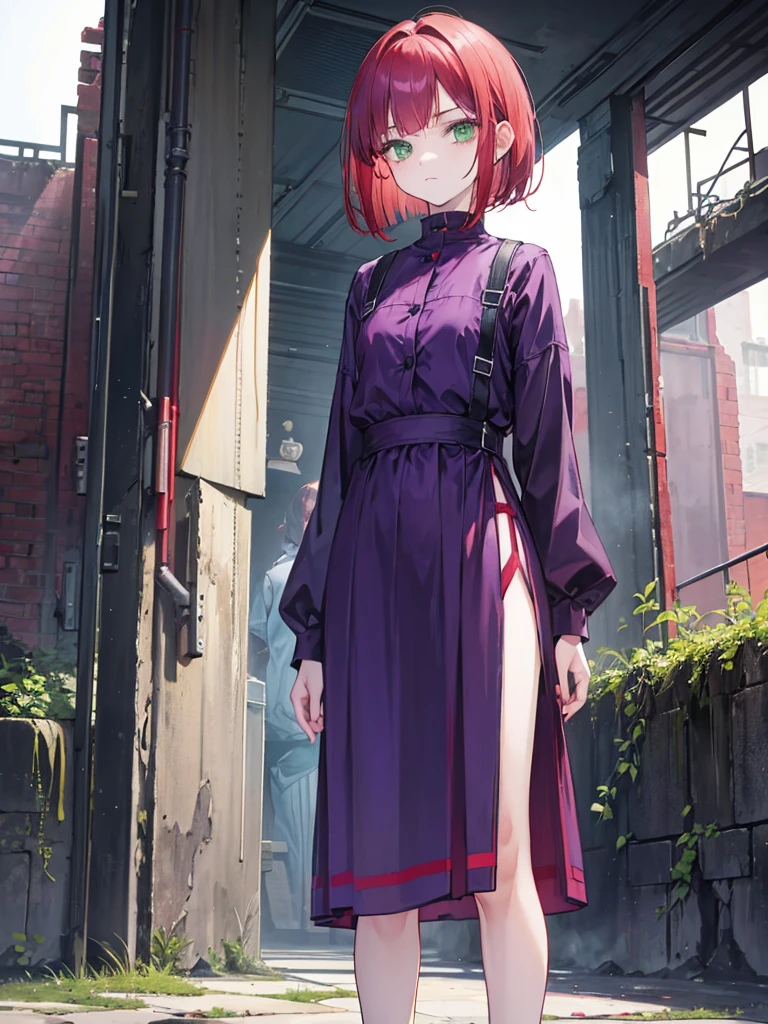 , green eyes, short curry wavy bobs red hair, bangs. wear purple black outfit. background in ruins. kid. not smiling, indifferent. arrogant, thug, winter