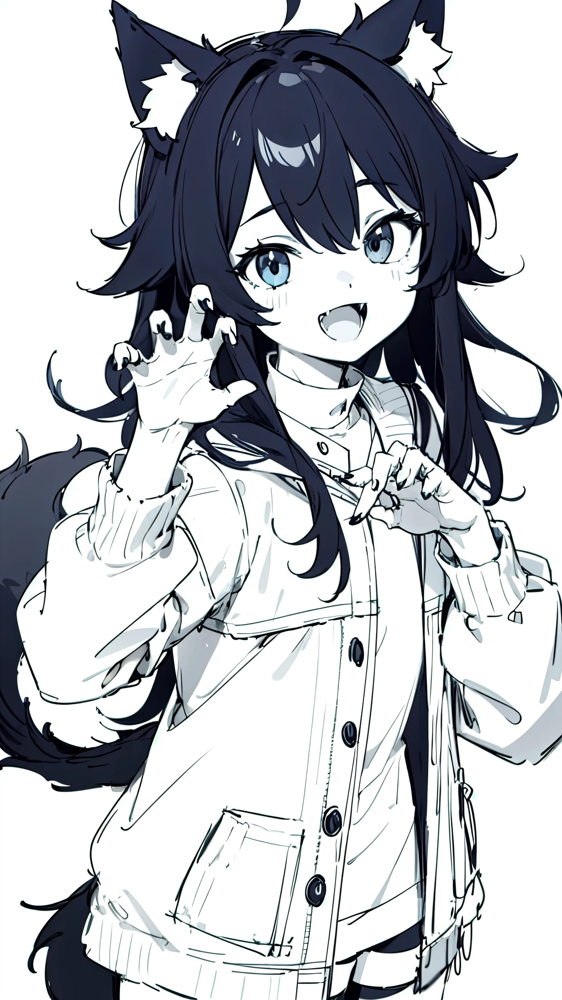 masterpiece, best quality, ultra-detailed, beautiful, nai3, 1girl, solo, smile, wolf girl, wolf ears, wolf tail, fluffy, messy hair, black hair, fangs, open mouth, :d, open jacket, claw pose, sharp fingernails, black nails, (moe artstyle:1.2), (scribble lineart1.2), (messy lineart:1.2), (sketch:1.3)