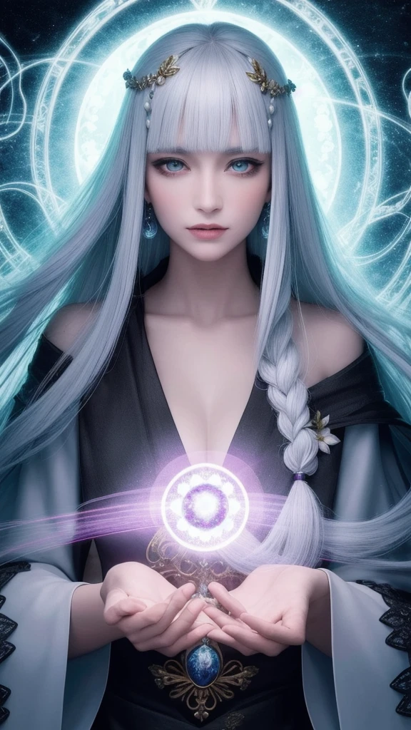 (masterpiece, top quality, 1 female, solo, exquisite details, chromatic aberration), (realistic), (skin), ((breathing)), (silver hair, blunt bangs, short straight long hair, short bangs, silver hair), beautiful hair, red headdress, blue highlights, hair over one eye, pretty eyes, purple eyes, thick lips, earrings, piercing eyes, ((gold and white kimono)), ((symmetrical eyes)), ((perfectly symmetrical body)), ((perfectly symmetrical hands)), (purerosface_v1:0.3), night, ((self, natural light))), bright lighting, flowers blooming in the background, in front of the viewer, ((central shot, from the front, (face and shoulders))), mysterious atmosphere, flowers blooming around, light colored background, fortune teller in kimono, beautiful fortune teller, fortune teller, fantasy female fortune teller, female fortune teller, f Fantasy photography, magician, witch fairy tale, Japanese style, elegant cinematic fantasy art, fantasy woman, sorceress portrait, casting spells, fortune teller, powerful wizard stands among mystical colorful flowers, fluttering robes adorned with symbols, holding a glowing heart crystal ball, eyes glowing with mystical energy, spells leaking from his mouth, vivid swirling patterns of black magic pulsating with iridescent hues appear in the air, magic permeates, flowers bloom, sacred creatures gaze in awe, threads of magical energy dance, revealing hidden realms, unravelling secrets, capturing the essence of this enchanting moment and bringing to life the mystical power of witchcraft on a canvas of the highest quality and finest detail. Top Quality, Masterpiece, Ultra High Resolution, (Photorealistic: 1.4), RAW Photo, Sharp Focus, High Resolution, Detailed Skin.