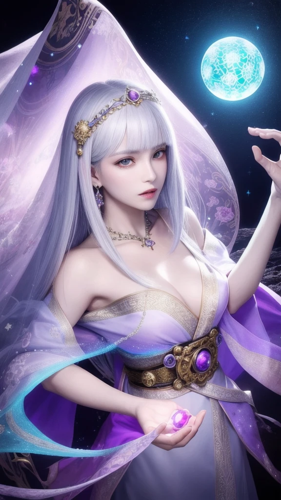 (masterpiece, top quality, 1 female, solo, exquisite details, chromatic aberration), (realistic), (skin), ((breathing)), (silver hair, blunt bangs, short straight long hair, short bangs, silver hair), beautiful hair, red headdress, blue highlights, hair over one eye, pretty eyes, purple eyes, thick lips, earrings, piercing eyes, ((gold and white kimono)), ((symmetrical eyes)), ((perfectly symmetrical body)), ((perfectly symmetrical hands)), (purerosface_v1:0.3), night, ((self, natural light))), bright lighting, flowers blooming in the background, in front of the viewer, ((central shot, from the front, (face and shoulders))), mysterious atmosphere, flowers blooming around, light colored background, fortune teller in kimono, beautiful fortune teller, fortune teller, fantasy female fortune teller, female fortune teller, f Fantasy photography, magician, witch fairy tale, Japanese style, elegant cinematic fantasy art, fantasy woman, sorceress portrait, casting spells, fortune teller, powerful wizard stands among mystical colorful flowers, fluttering robes adorned with symbols, holding a glowing heart crystal ball, eyes glowing with mystical energy, spells leaking from his mouth, vivid swirling patterns of black magic pulsating with iridescent hues appear in the air, magic permeates, flowers bloom, sacred creatures gaze in awe, threads of magical energy dance, revealing hidden realms, unravelling secrets, capturing the essence of this enchanting moment and bringing to life the mystical power of witchcraft on a canvas of the highest quality and finest detail. Top Quality, Masterpiece, Ultra High Resolution, (Photorealistic: 1.4), RAW Photo, Sharp Focus, High Resolution, Detailed Skin.