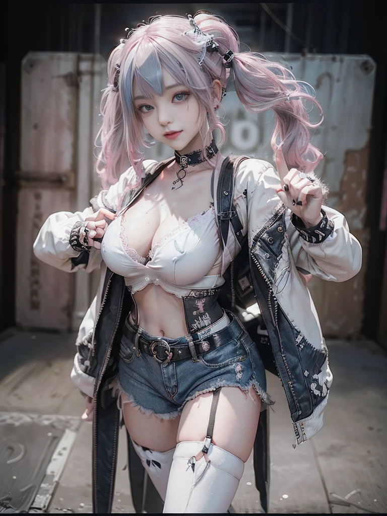 (Full Body View:1.4)、(Full body:1.4)、(Smiling with teeth showing:1.3),(Shibuya Gal:1.5)、(Hollywood actress:1.4)、(gothic fashion:1.5)、(Punk RockVisual Kei:1.3)、(Futuristic baby doll in black, white and denim:1.5)、(White denim and a delicate beige and white rider jacket:1.5)、(Denim garter belt:1.5)、(Denim and white cargo pants:1.3)、(Heart-shaped silver accessories:1.5)、(Brown Skin Belt:1.4)、(Blue High Heels:1.4)、(Lace patterned underwear:1.4)、20-year-old、NSFW,((Highest quality、In 8K、masterpiece:1.3))、Sharp focus:1.2、(Layered Cut、Beautiful boobs:1.1),Beautiful woman with perfect figure:1.4、(Doing an aerobics pose:1.3)、Slender Abs:1.2、Butt、Highly detailed face and skin texture、Detailed eyes、double eyelid,(Twin tails:1.3)、(Pink Hair:1.3)、Obscene、Gravure idol、(The background is the gorgeous Academy Awards red carpet:1.3)、(Make your legs thinner:1.4)、(Thin thighs:1.4)、(Slim body:1.3)、(clavicle:1.1)