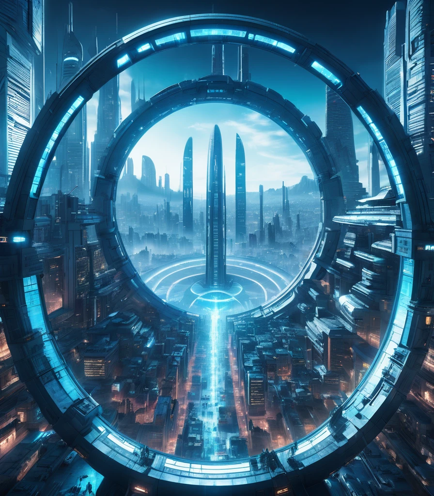  Futuristic city with huge circular structure in the center of the central circle is blue light, sf, Super detailed, Shine from the inside, masterpiece, Highest quality, Cityscape,Biopunk , Wear a cyberpunk mask,4K, super high quality