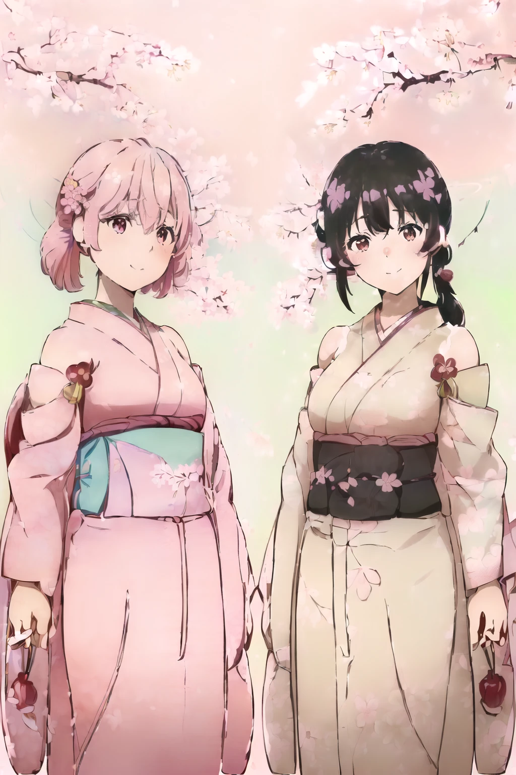 ((mikakunin de Shinkoukei ch 1, High Definition, 1080p, Detailed animation, Beautiful twin girls, Identical faces, Long black hair, Twin ponytails, Wide-eyed expression, Smiling cheekily, Dressed in matching kimonos, Detailed patterns and colors, Flower decorations, Side view, Over-the-shoulder shot, Side-by-side pose, Emphasizing their similarities yet individuality, Soft lighting, Pastel colors, Traditional Japanese background, Cherry blossoms, Beautifully drawn outlines):1.5)