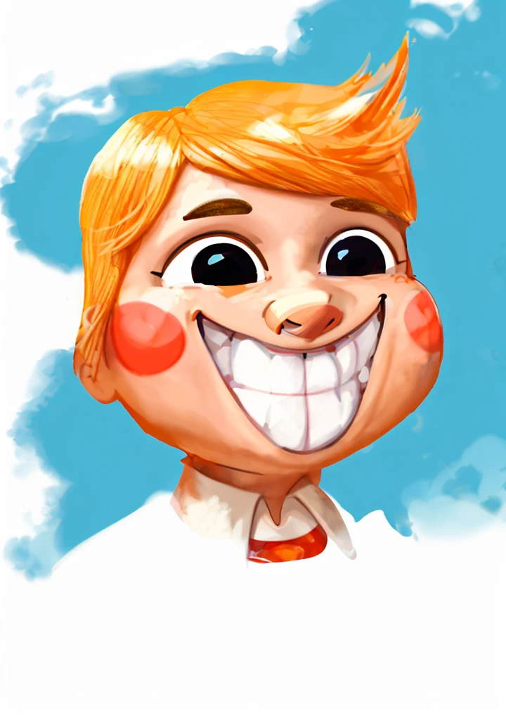 A happy animated character with blonde hair and red cheeks. He is smiling and showing his teeth. 2d cartoon style