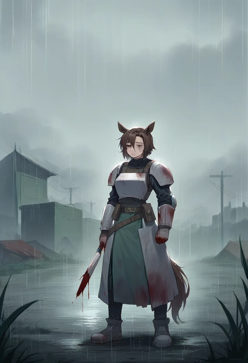 (ultra detailed:1.2, Masterpiece:1.2, Best Quality:1.2, high resolution:1.2), war zone background, scenery, Raining, 1 girl, , Brown hair, Horse tail, armor clothing, front, dirty face, blood stains, dark sky