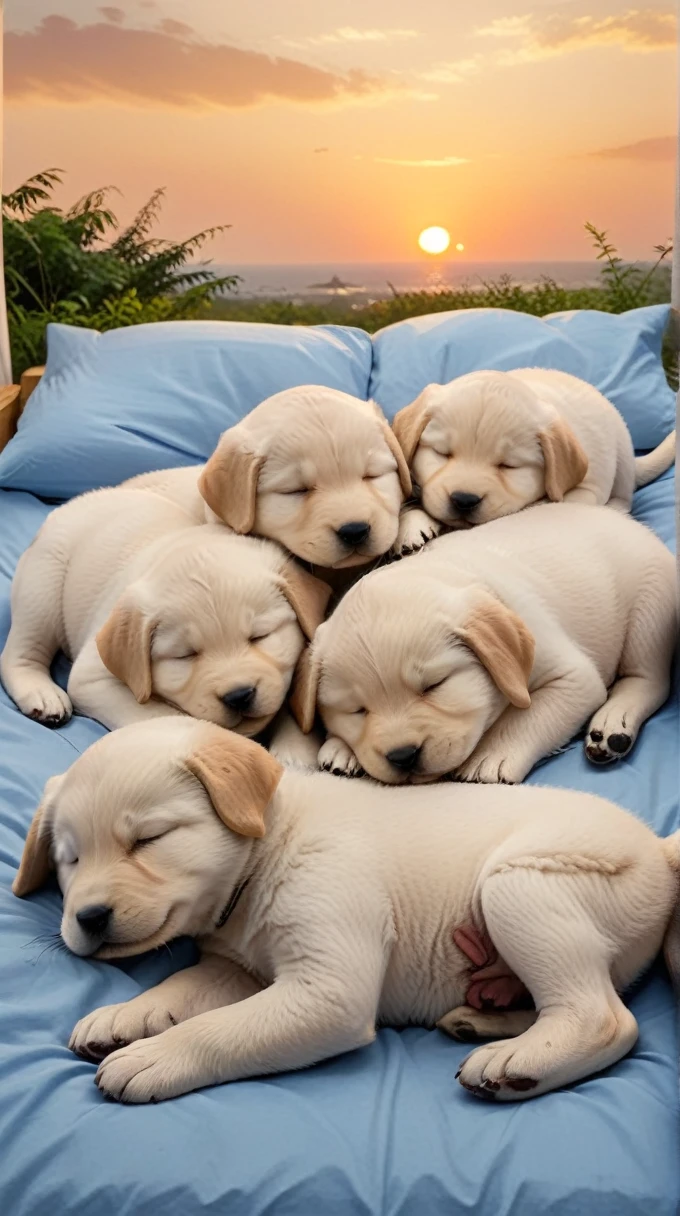 With the sunset in the background,(masterpiece:1.2, high quality), Several puppies sleeping together on a bed、