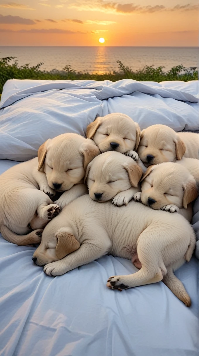 With the sunset in the background,(masterpiece:1.2, high quality), Several puppies sleeping together on a bed、