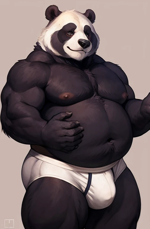 Alone, the second (Obese old bear red mapache panda kemono), male, daddy , Obese, naked torso, simple background, ultra detailed, pose natural, (well-built:1.3), (voluminous:1.3) bodybuilder, standing, by honovy, Por ROV, correct hands, manly, underwear, White briefs, bulk