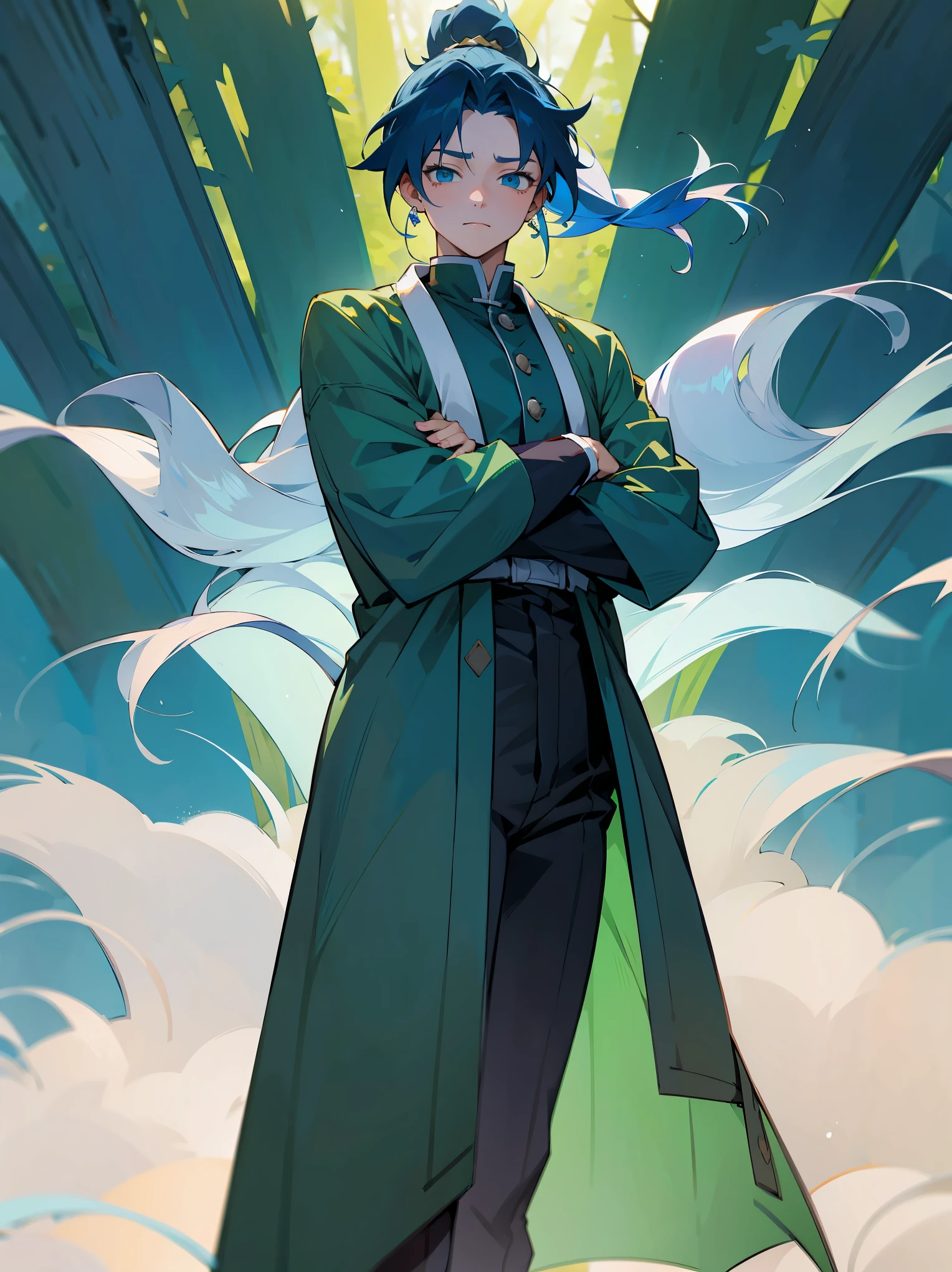1male, Adult, Deep Blue Hair, Medium Length Hair, White Inner Hair, Ponytail, Forest Haori, Green Face Mark, Forest Background, Standing in Forest, Demon Slayer Uniform