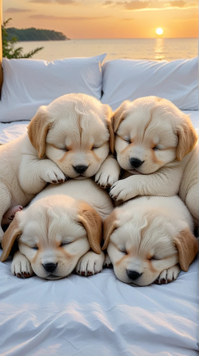 With the sunset in the background,(masterpiece:1.2, high quality), Several puppies sleeping together on a bed、