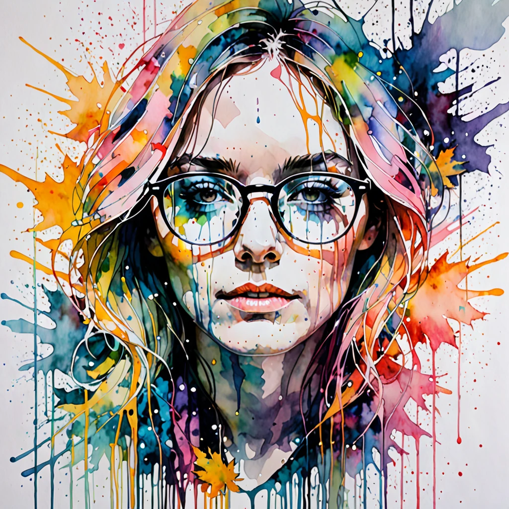 a painting by mse a woman wearing glasses by agnes cecile, luminous design, pastel colours, ink drips, autumn lights