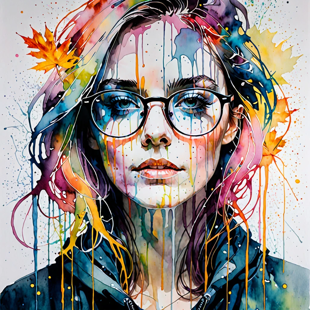 a painting by mse a woman wearing glasses by agnes cecile, luminous design, pastel colours, ink drips, autumn lights