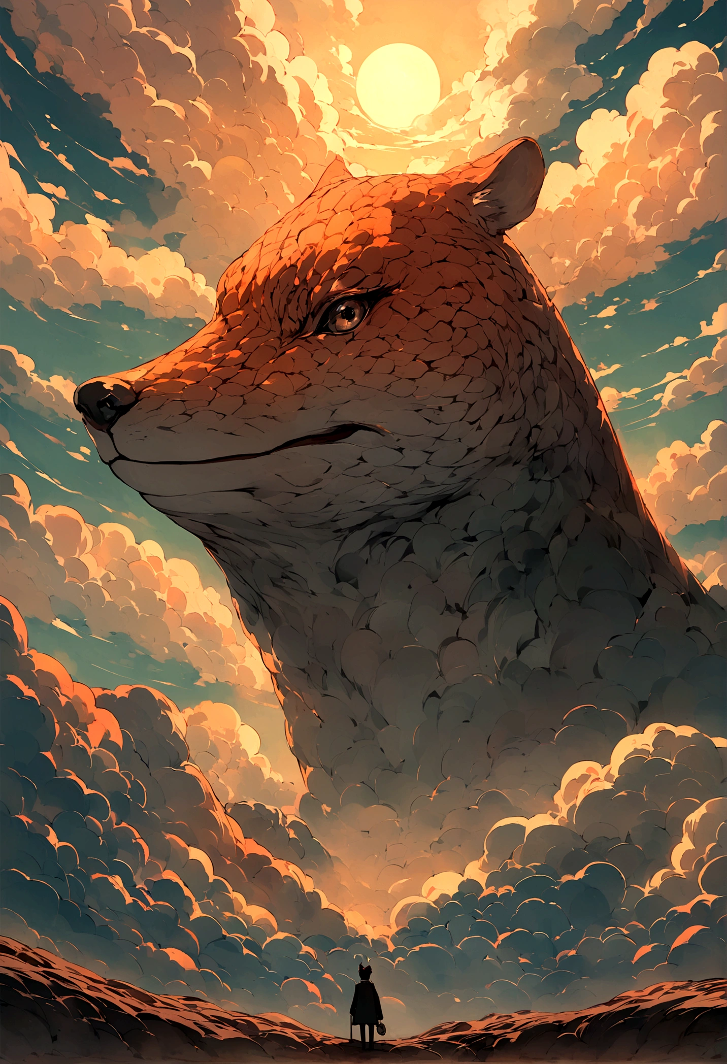 vast dusk,Sky,Various animal shaped clouds,There is a boy,仰望著Sky