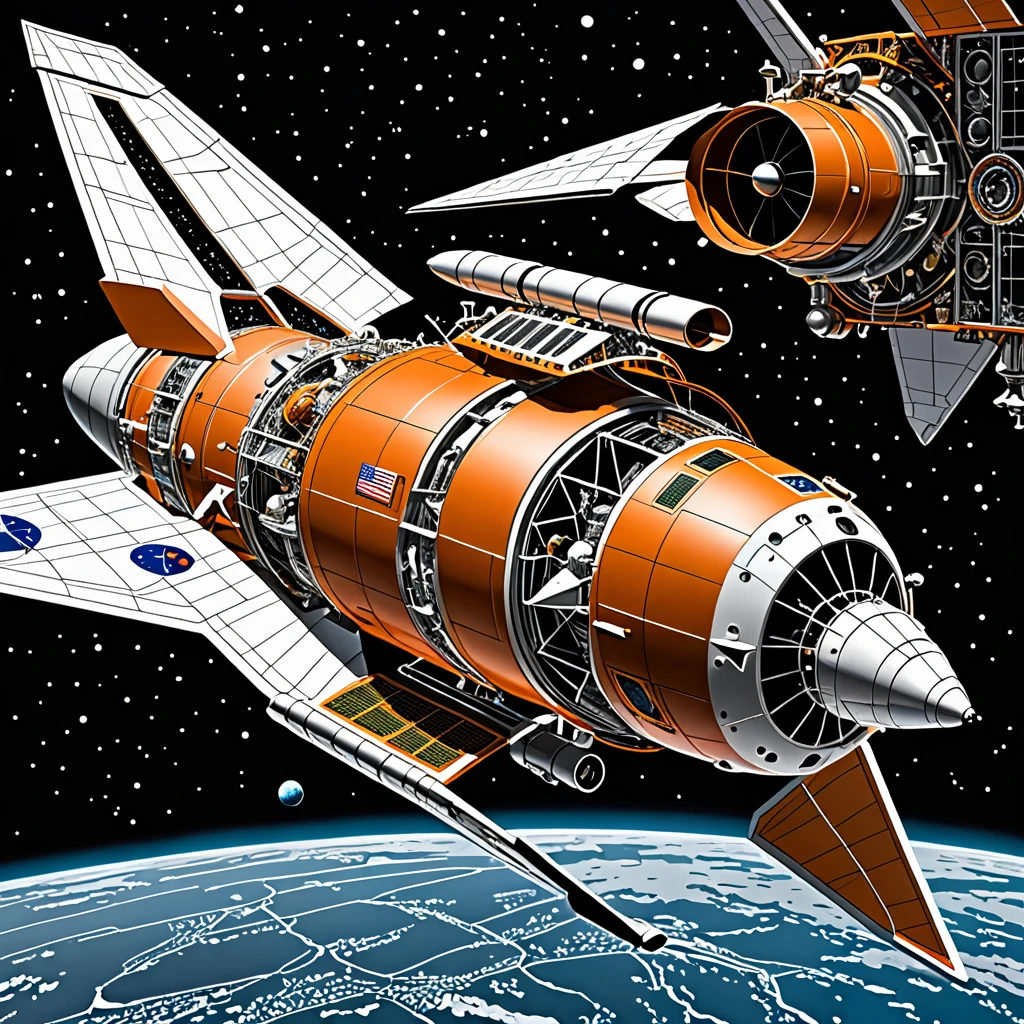 Produce a detailed technical illustration of a spacecraft, showcasing a cutaway design that reveals its internal structure. The spacecraft should be rendered with a sleek, streamlined body in vibrant orange and metallic shades. The image must include annotated engineering blueprints, detailed schematics, and callouts, set against a technical background that provides a comprehensive view of the craft's design. Aim for a sketch-like style that merges artistic intricacy with mechanical precision, complete with various angles and detailed exploded views of spacecraft components