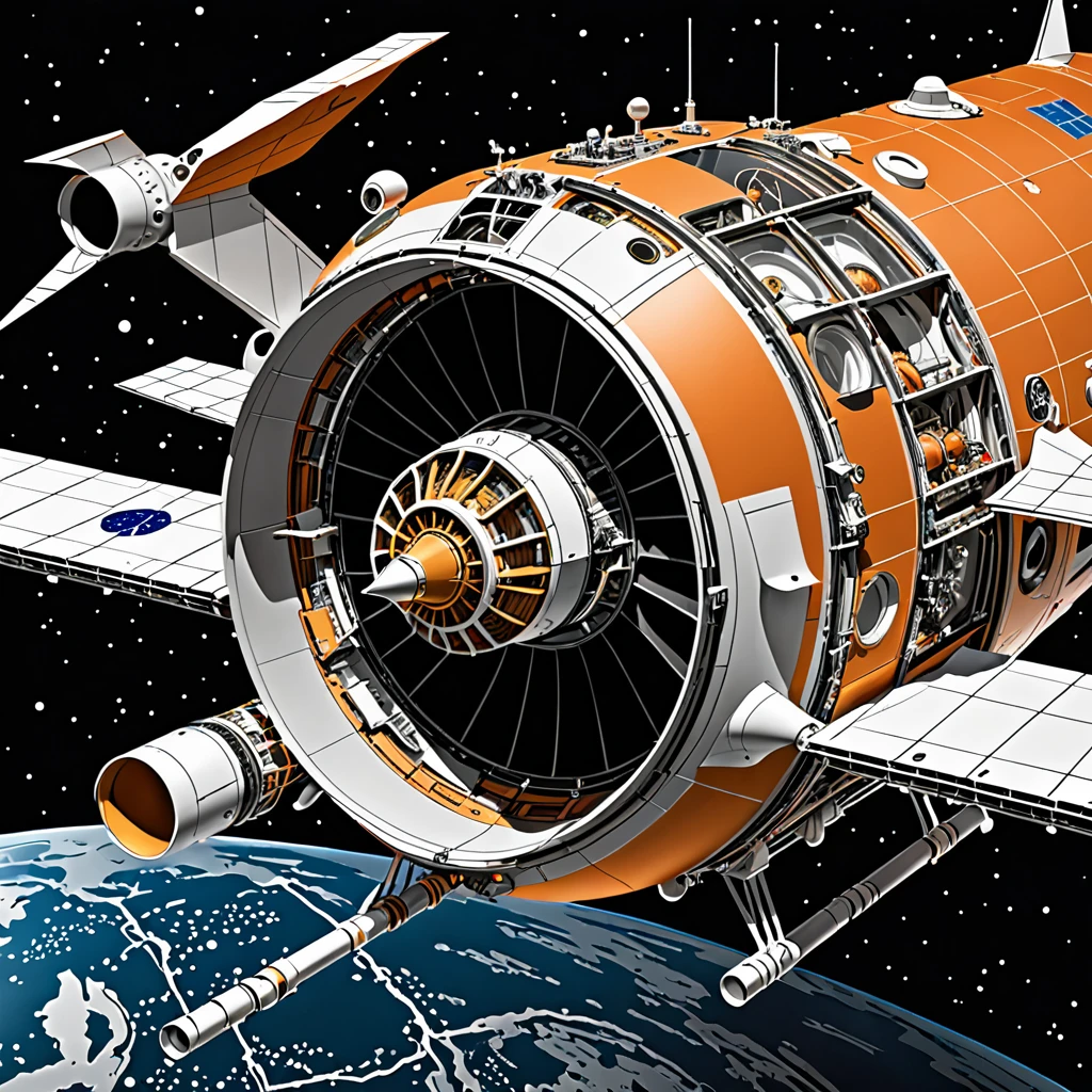 Produce a detailed technical illustration of a spacecraft, showcasing a cutaway design that reveals its internal structure. The spacecraft should be rendered with a sleek, streamlined body in vibrant orange and metallic shades. The image must include annotated engineering blueprints, detailed schematics, and callouts, set against a technical background that provides a comprehensive view of the craft's design. Aim for a sketch-like style that merges artistic intricacy with mechanical precision, complete with various angles and detailed exploded views of spacecraft components