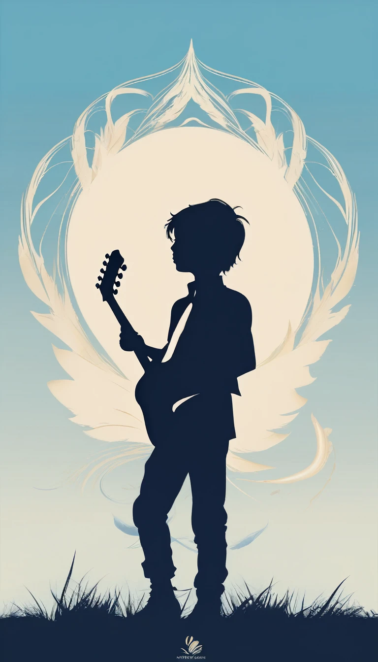 A minimal, modern, simple, cinematic logo design for the brand “Penamemoria". The logo design must be a simple, silhouette of a boy, standing up, playing acoustic guitar and fantasy feather by his side. The logo must convey a sense of music, stories, memories and dreams. Logo design impressed on a book cover. Minimalistic logo. Light blue, white and soft golden as colors for the logo design