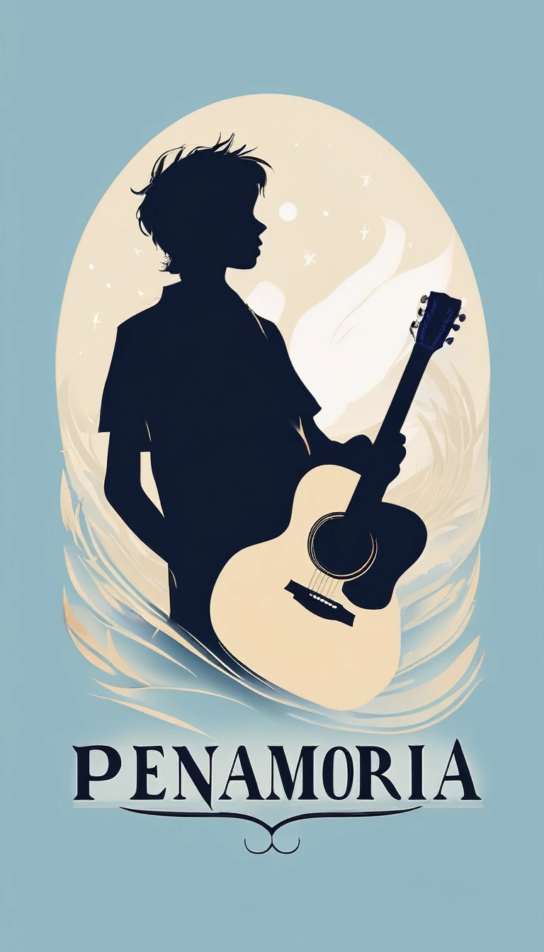 
A minimal, modern, simple, cinematic logo design for the brand “Penamemoria". The logo design must be a simple, silhouette of a boy, standing up, playing acoustic guitar and fantasy feather by his side. The logo must convey a sense of music, stories, memories and dreams. Logo design impressed on a book cover. Minimalistic logo. Light blue, white and soft golden as colors for the logo design
