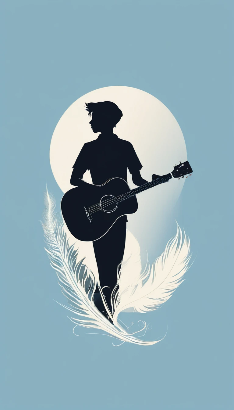 A minimal, modern, simple, cinematic logo design for the brand “Penamemoria". The logo design must be a simple, silhouette of a boy, standing up, playing acoustic guitar and fantasy feather by his side. The logo must convey a sense of music, stories, memories and dreams. Logo design impressed on a book cover. Minimalistic logo. Light blue, white and soft golden as colors for the logo design
