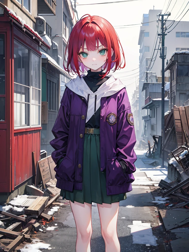 , green eyes, short curry wavy bobs red hair, bangs. wear purple black jacket. background in ruins. kid. not smiling, indifferent. arrogant, thug, winter. snowfall