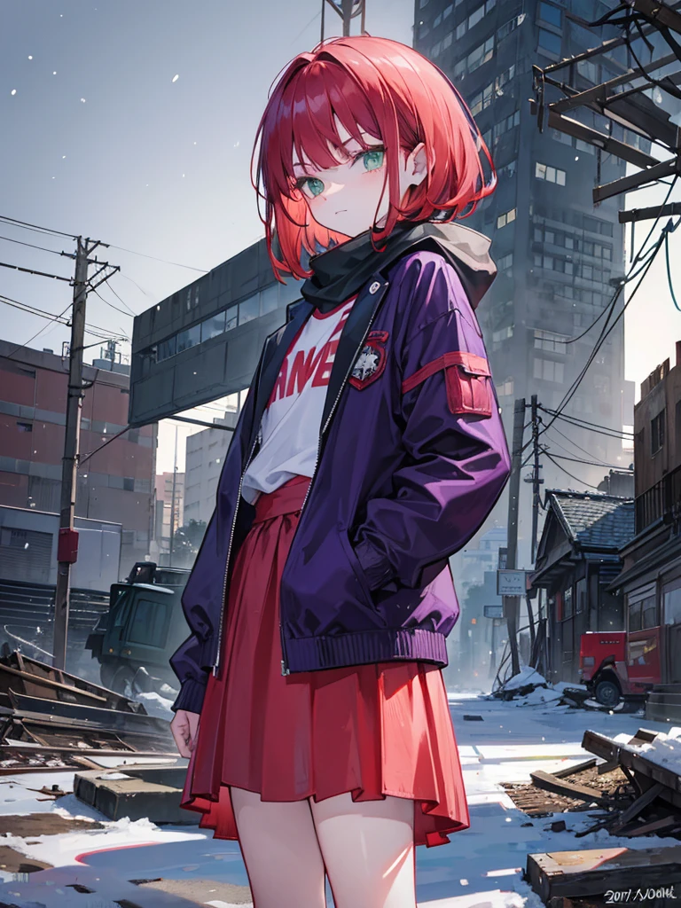 , green eyes, short curry wavy bobs red hair, bangs. wear purple black jacket. background in ruins. ???. not smiling, indifferent. arrogant, thug, winter. snowfall