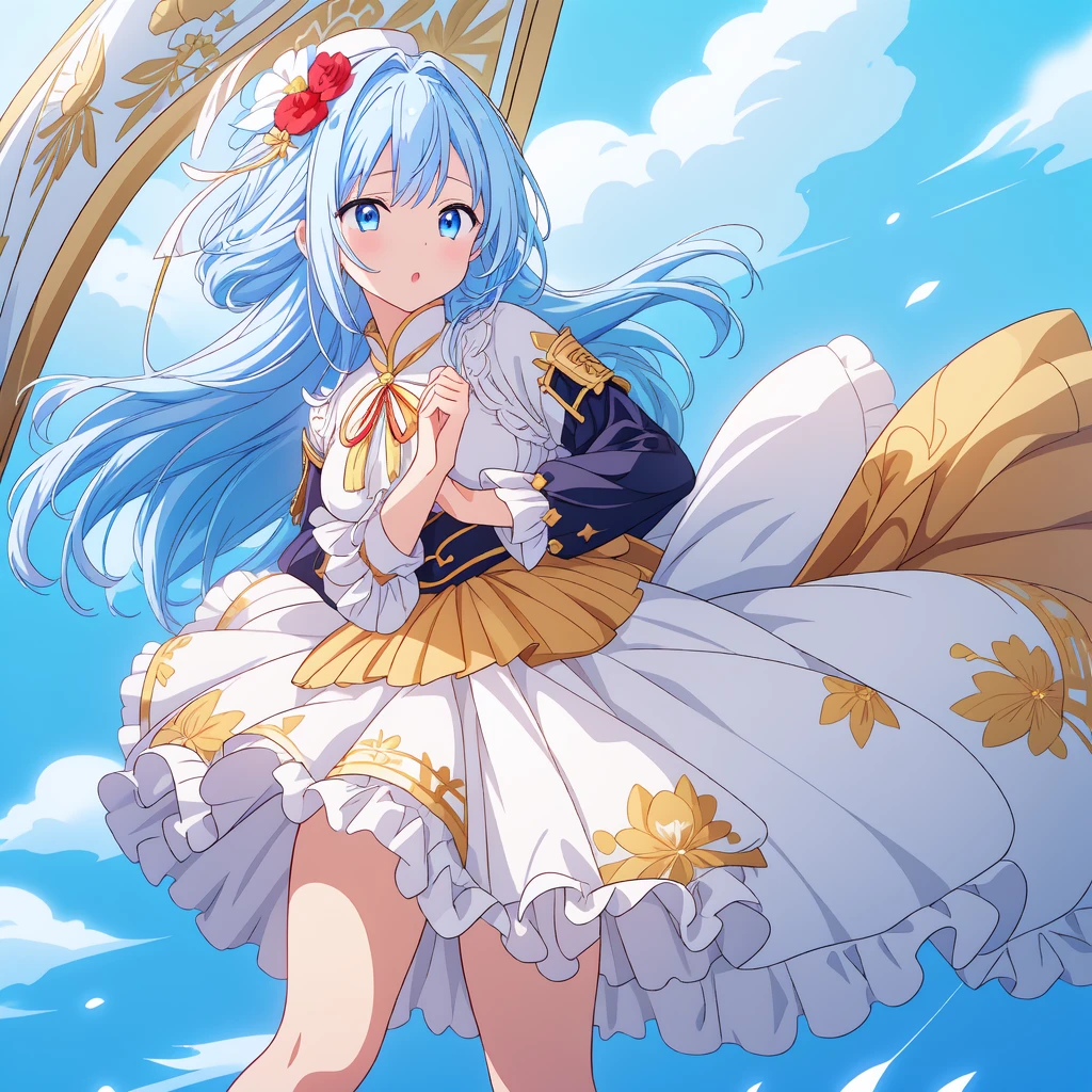 1girl、Dynamic composition、marching band、(((Masterpiece、Highest quality、Official Art、Super detailed、Handsome face、Dynamic composition)))、Anime Style、(Milky white and blue hair:1.3),(blue eyes:1.4),(Bright colors:1.4),((麻の葉background:1.3)),, marching bandのユニフォームを着たクールな女の子, marching bandの帽子、mini skirt, Frills, Black and white with gold embroidered flag held in both hands,（background:Large red flag on the back with gold floral embroidery, Note, )、euphonium、Huge Flag、Powerful composition、White gloves、