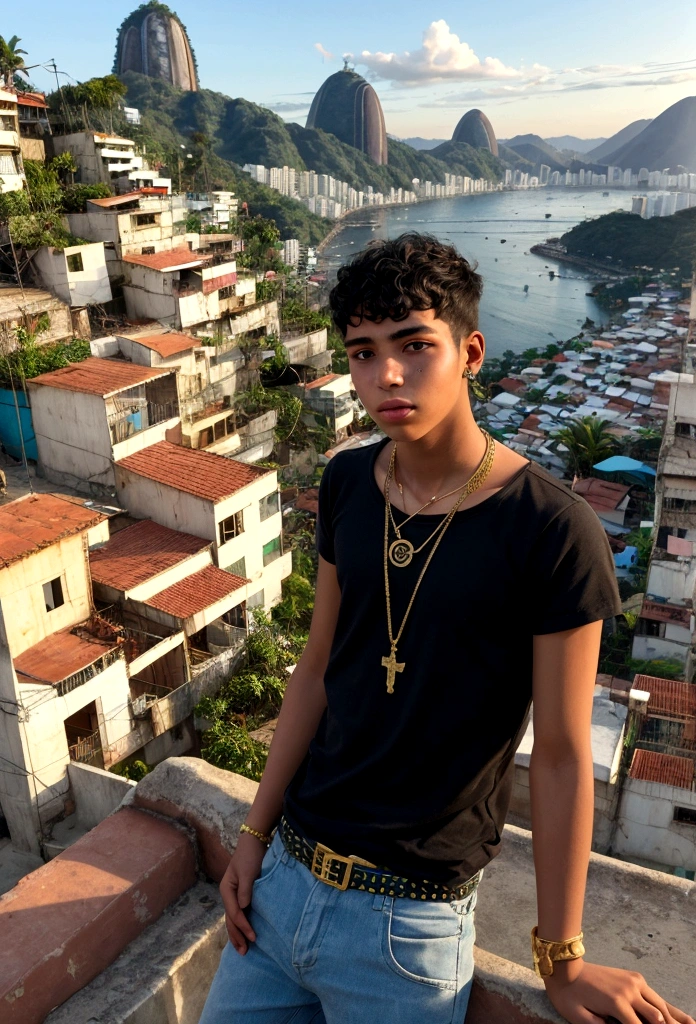 20 year old boy in Rio style with gold chain around his neck favela landscape