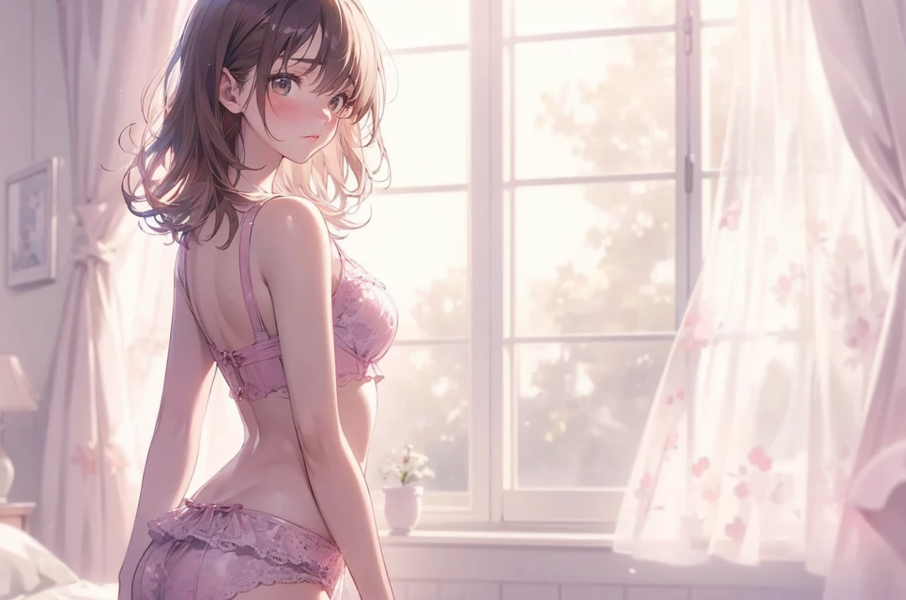 master piece, extremely detailed, high resolution, Makoto Shinkai style, girl, wake up expression, girl's room background, morning light shining through the window, slim waist, glossy plump lips, glossy hair, brown hair, pink lips, on all fours, on the bed