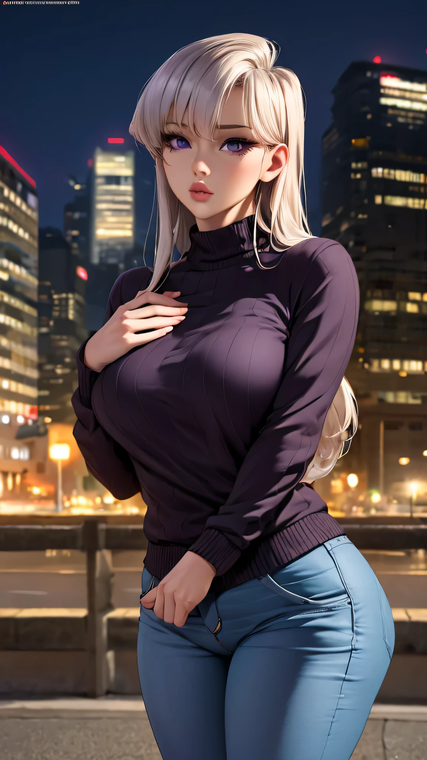 1girl,(purple long hair), (purple eyes), (wearing sweater and fashionablelong jacket and jeans:1.2),(RAW photo, best quality), (realistic, photo-realistic:1.4), masterpiece, an extremely delicate and beautiful, extremely detailed, 2k wallpaper, Amazing, finely detail, extremely detailed CG unity 8k wallpaper, ultra-detailed, highres, soft light, beautiful detailed girl, extremely detailed eyes and face, beautiful detailed nose, beautiful detailed eyes,cinematic lighting,at a park,city lights at night,perfect anatomy,slender body,