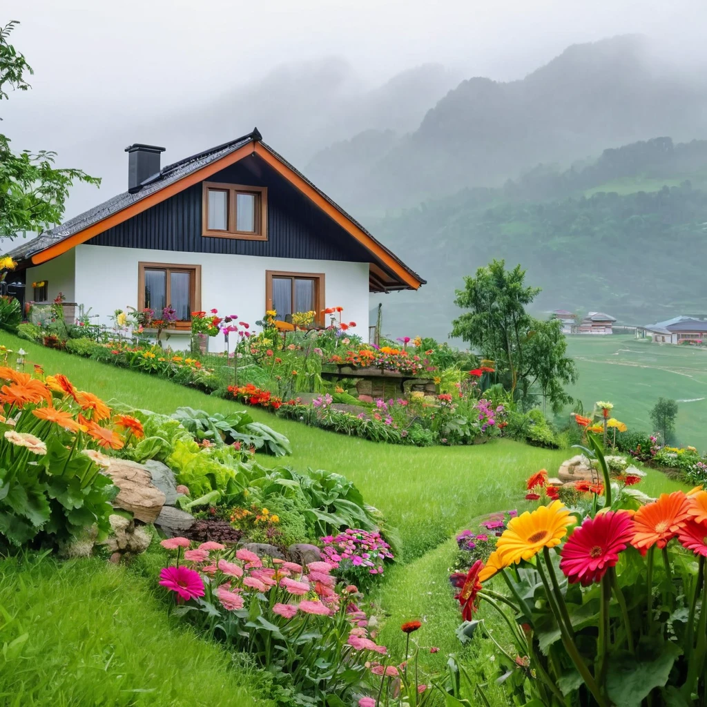 view from far, cottage, the sacred symbol of nature, A straw house on the hill (resort-style house), garden around the house with flowers, gerbera daisys, and vegetables. In front of the house is a valley with flowers. scenery, a rainy day.