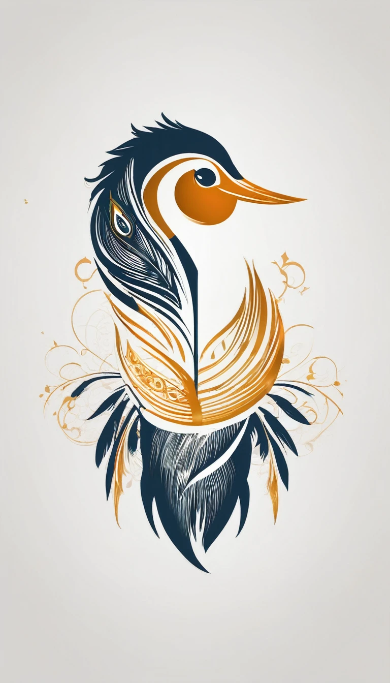 Create a logo design of a special, unique, poetic, minimalistic feather that represents a special creative brand called " Penamemoria". The brand is created by an artist called Rafael Figueiras. The logo must convey the sense of storytelling and music. Must include a boy, one acoustic guitar, a feather and a fantastic bird. Logo design and icon design present and impressed on a white t-shirt.