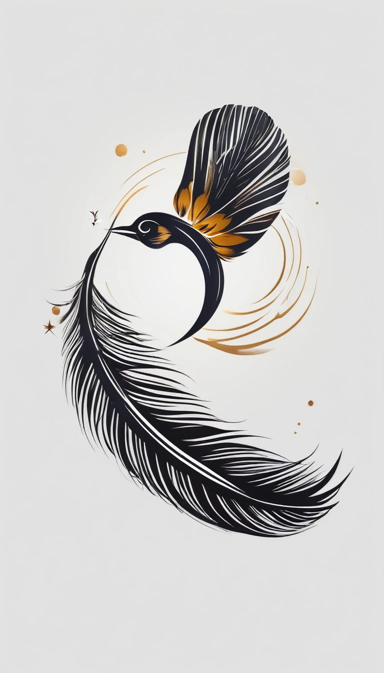 Create a logo design of a special, unique, poetic, minimalistic feather that represents a special creative brand called " Penamemoria". The brand is created by an artist called Rafael Figueiras. The logo must convey the sense of storytelling and music. Must include a boy, one acoustic guitar, a feather and a fantastic bird. Logo design and icon design present and impressed on a white t-shirt.