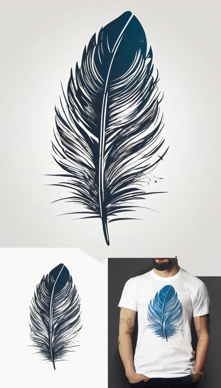 Create a logo design of a special, unique, poetic, minimalistic feather that represents a special creative brand called " Penamemoria". The brand is created by an artist called Rafael Figueiras. The logo must convey the sense of storytelling and music. Must include a boy, one acoustic guitar, a feather and a fantastic bird. Logo design and icon design present and impressed on a white t-shirt.