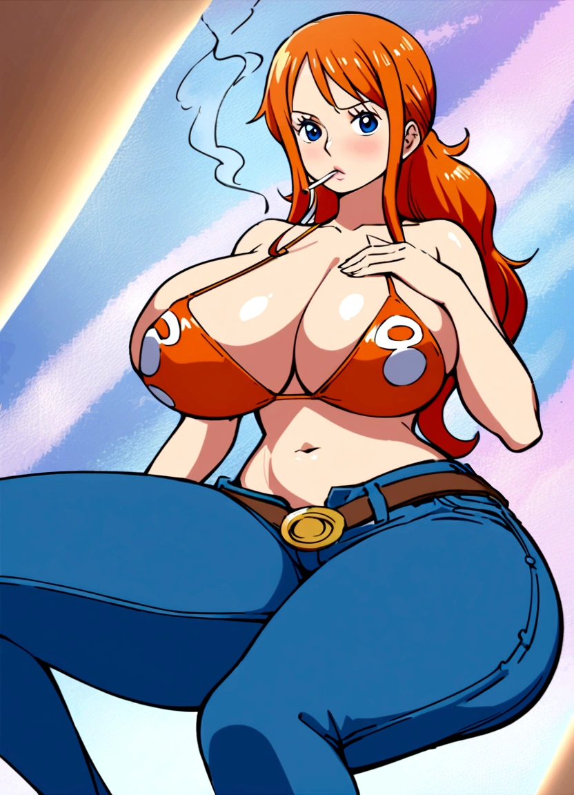a cartoon picture of a woman in a bikini top and jeans, nami one piece, nami from one piece, nami, beautiful portrait of nami, from one piece, oppai, blue eyes, smoking, ponytail, nsfw
