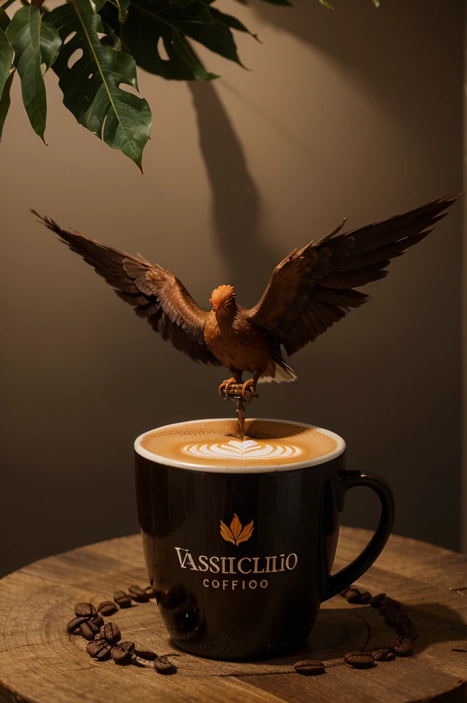 Design a simple, elegant, and memorable logo for Vasilio Coffee. The logo should be in PNG format, featuring a coffee cup, a leaf, and a Phoenix bird. Use dark, sharp, and intense colors like coffee, or bright, creamy colors. Place the name 'Vasilio Coffee' at the bottom or top of the logo."