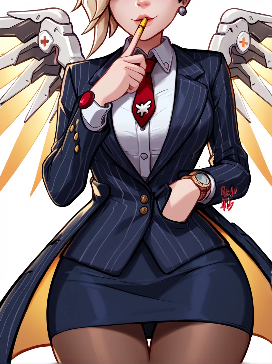 score_9, score_8_up, score_7_up, score_6_up, score_5_up, score_4_up,
BREAK
1girl, mercy \(overwatch\), blonde hair,
BREAK
solo, standing, navy pinstripe skirt suit, (((three-piece suit))), silk necktie, blazer, (((suit jacket))), (((waistcoat))), double-breasted waistcoat, (((bodycon miniskirt))), (((pencil skirt))), cufflinks, tie clip, pocket square, pocket watch, pantyhose,
BREAK
white background, simple background, 