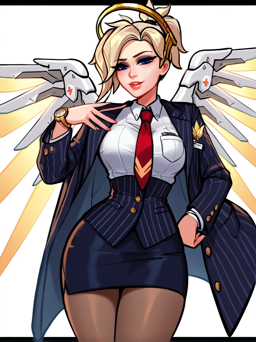 score_9, score_8_up, score_7_up, score_6_up, score_5_up, score_4_up,
BREAK
1girl, mercy \(overwatch\), blonde hair,
BREAK
solo, standing, navy pinstripe skirt suit, (((three-piece suit))), silk necktie, blazer, (((suit jacket))), (((waistcoat))), double-breasted waistcoat, (((bodycon miniskirt))), (((pencil skirt))), cufflinks, tie clip, pocket square, pocket watch, pantyhose,
BREAK
white background, simple background, 