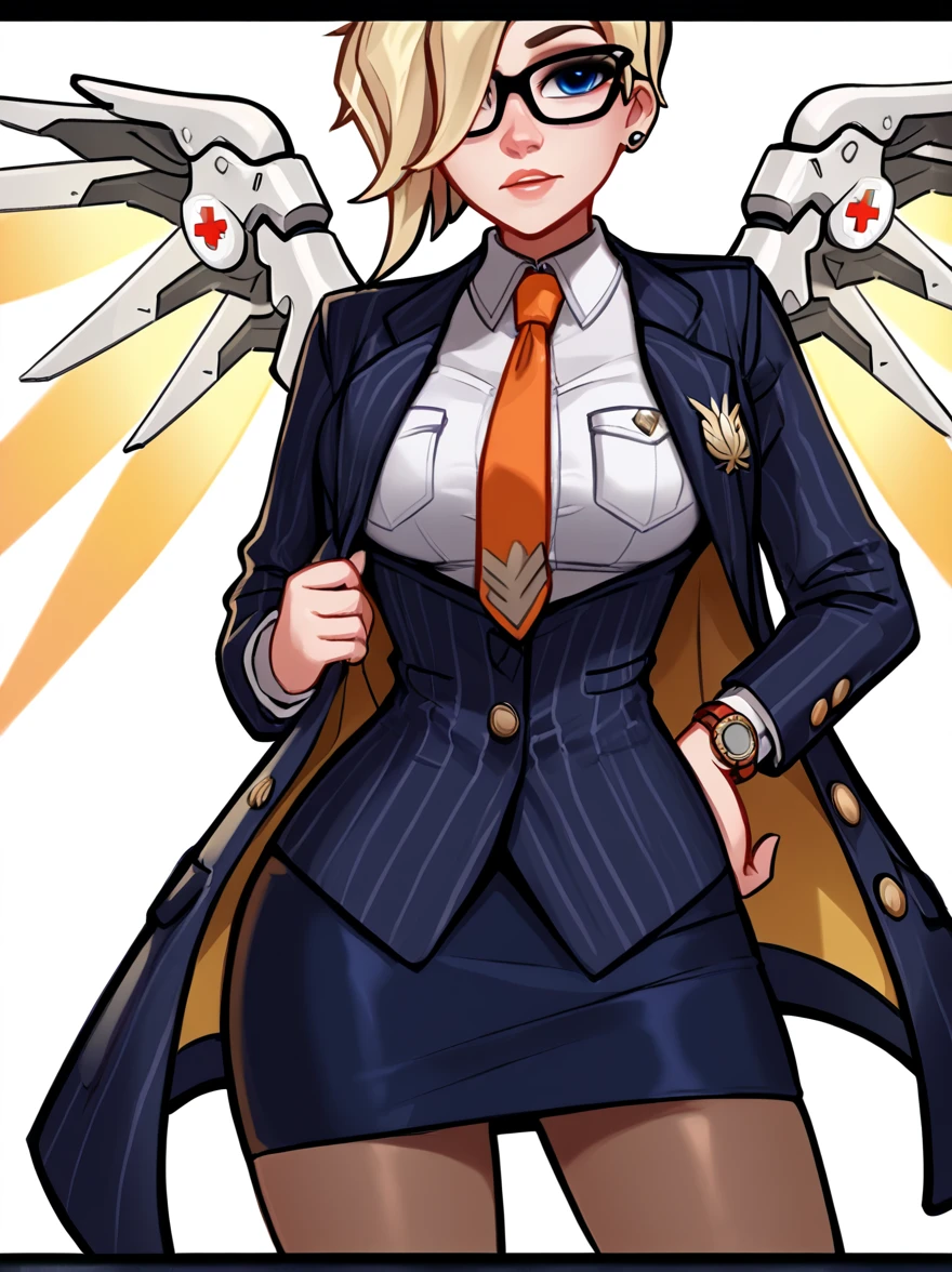 score_9, score_8_up, score_7_up, score_6_up, score_5_up, score_4_up,
BREAK
1girl, mercy \(overwatch\), blonde hair,
BREAK
solo, standing, navy pinstripe skirt suit, (((three-piece suit))), silk necktie, blazer, (((suit jacket))), (((waistcoat))), double-breasted waistcoat, (((bodycon miniskirt))), (((pencil skirt))), cufflinks, tie clip, pocket square, pocket watch, pantyhose,
BREAK
white background, simple background, 