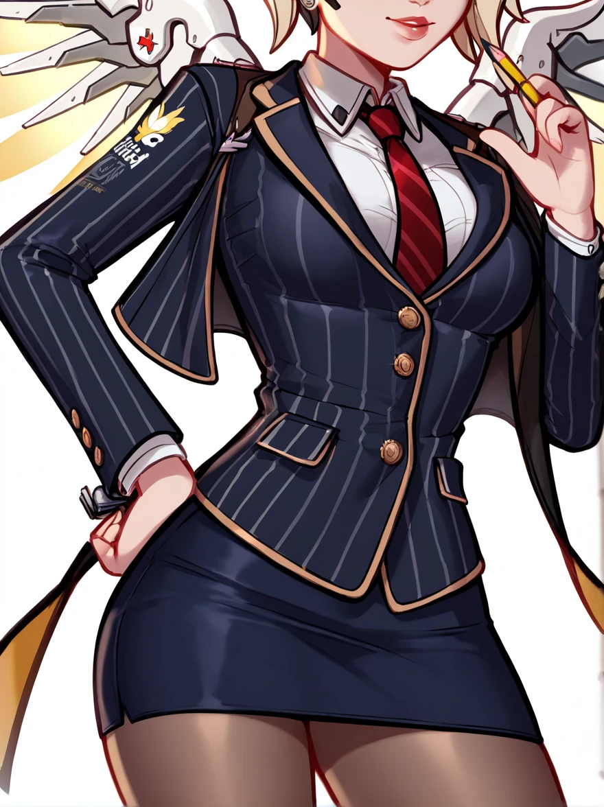 score_9, score_8_up, score_7_up, score_6_up, score_5_up, score_4_up,
BREAK
1girl, mercy \(overwatch\), blonde hair,
BREAK
solo, standing, navy pinstripe skirt suit, (((three-piece suit))), silk necktie, blazer, (((suit jacket))), (((waistcoat))), double-breasted waistcoat, (((bodycon miniskirt))), (((pencil skirt))), cufflinks, tie clip, pocket square, pocket watch, pantyhose,
BREAK
white background, simple background, 