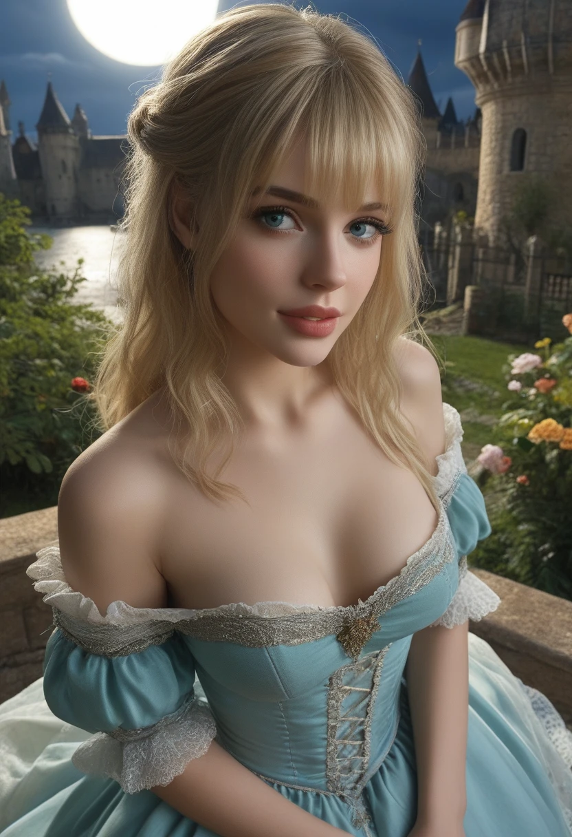 score_9, score_8_above, score_7_above, 1girl, realistic, blonde long hair with bangs, blue_eyes, realistic skin texture, detailed picture, upper_body, HD32k, royal_garden, medieval_castle, elegant_green_dress, off_shoulder_dress, moonlight, night, fullmoon, red_lips, licking_lips, puffy_lips