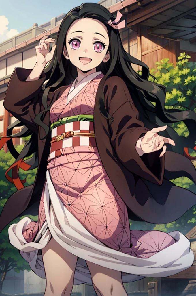 (masterpiece:1.3), (best quality:1.1), (8k, ultra detailed, ultra high res:1.2), ((anime style)), detail perfect 5 fingers, perfect anatomy,
1girl,
Kamado Nezuko,
BREAK long hair, wavy hair, forehead
black hair,
pink eyes,
ribbon,
small breasts,
BREAK japanese clothes, pink kimono, brown haori, obi,
smile, dynamic pose,
looking at viewer,
cowboy shot,
BREAK outdoor, (age of Edo:1.5),